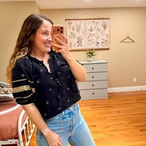 THE GREAT. Black Embroidered Puff Sleeve Blouse Top 0 XS